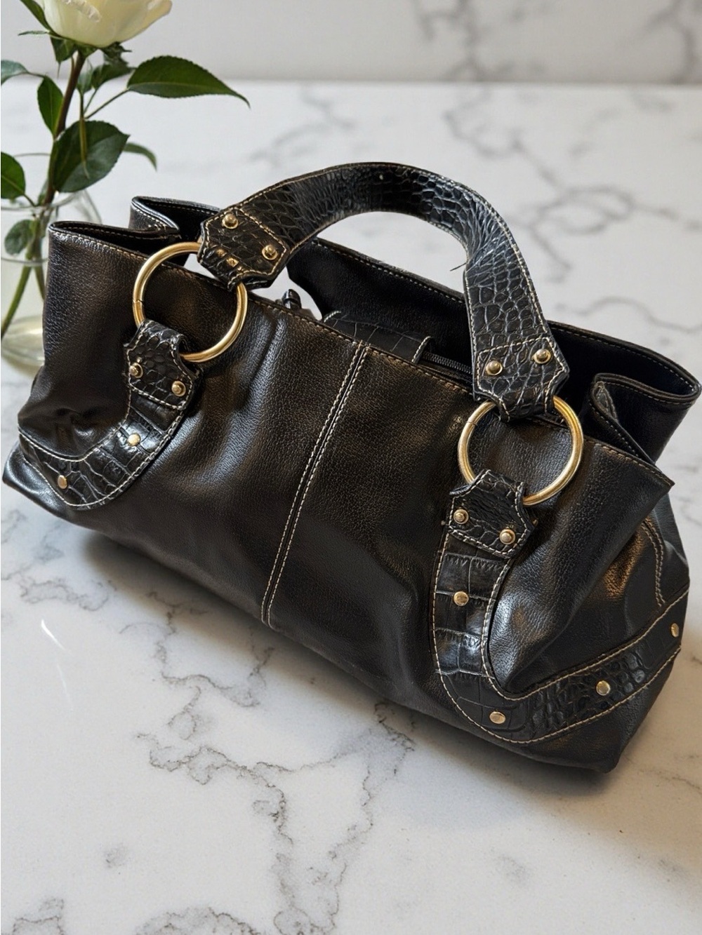 Black Shoulder Bag with Gold Ring Details